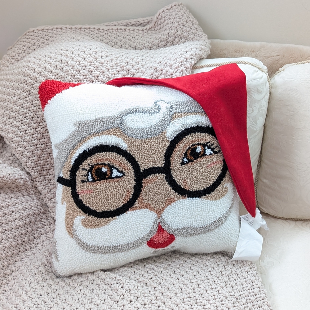 Santa Claus Holiday Pillow with Red Hat